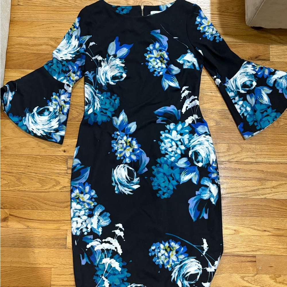 Calvin Klein Blue and Black Floral Long Sleeve Dress